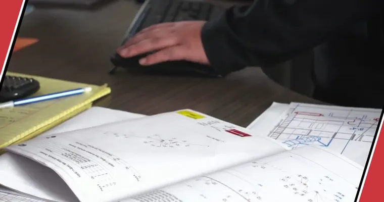 Plumbing plans and layout documents on a work table for From the Vegetable Center of the World to Fortune 500 Hub: Tolleson's Plumbing Story